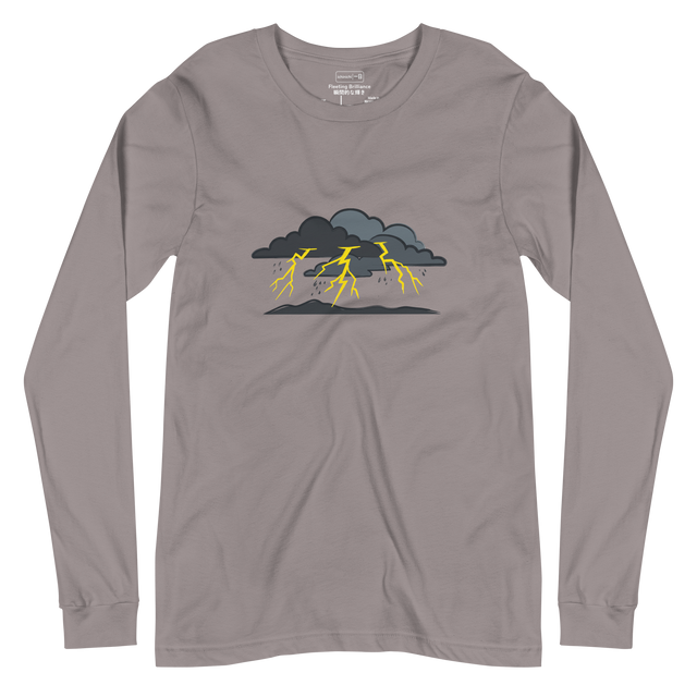 Electric Silence graphic on a Long Sleeve T-Shirt featuring grey cloud silhouettes and a yellow lightning strike