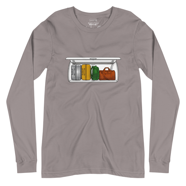 Professional digital illustration of luggage in an overhead bin in cross-hatch ink printed on a Long Sleeve T-Shirt