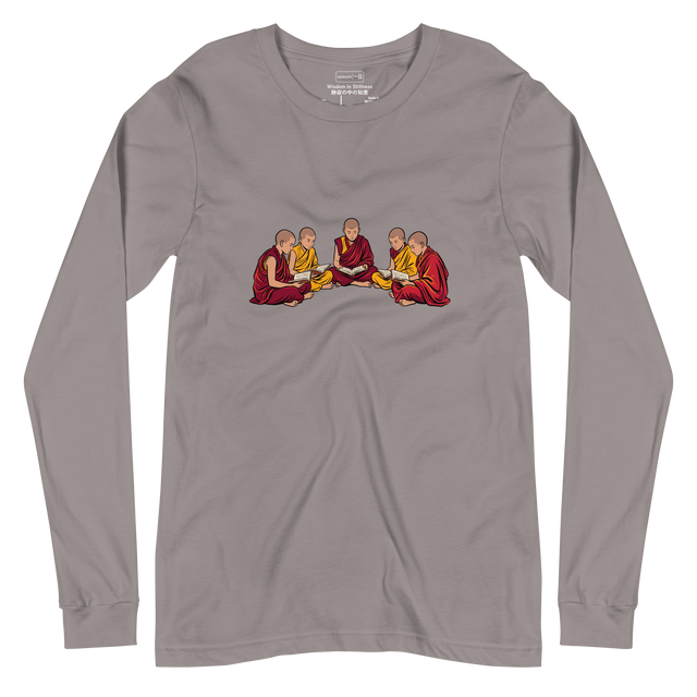 Long Sleeve T-Shirt showing a minimalist line illustration of seated young monks reading, dressed in vibrant red and yellow robes.