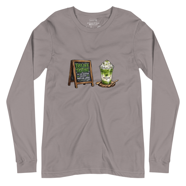 A textured marker drawing of a matcha tasting sign and drink on a Long Sleeve T-Shirt.
