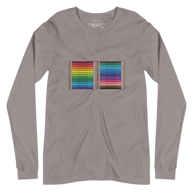 Long Sleeve T-Shirt displaying a top-down illustration of 24 perfectly sharp, unused colored pencils laid horizontally inside a box.