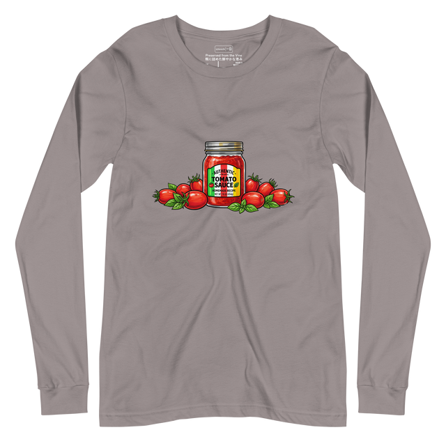 Colorful marker drawing of a glass tomato sauce jar and fresh Roma tomatoes printed on a Long Sleeve T-Shirt.