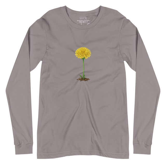 Full-color stippled illustration of a blooming dandelion with its stem anchored in dirt on a Long Sleeve T-Shirt.