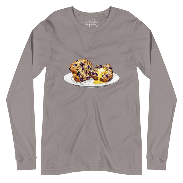 Long Sleeve T-Shirt featuring a colored pencil illustration of a split blueberry muffin on a white plate with melting butter.
