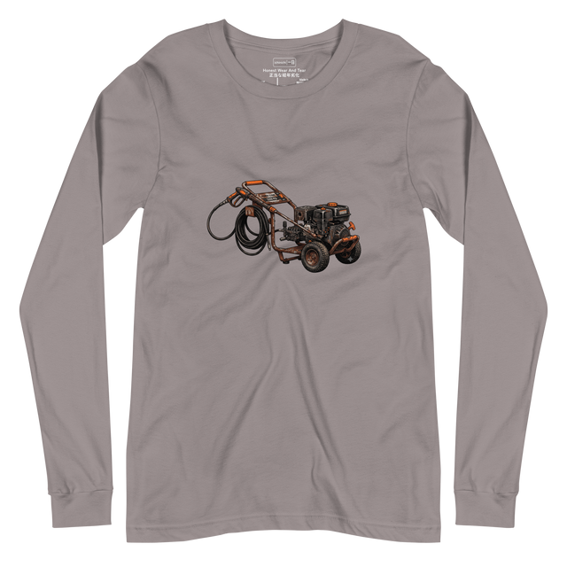 Cross-hatch ink drawing of a worn pressure washer with rust and orange details printed on a Long Sleeve T-Shirt.