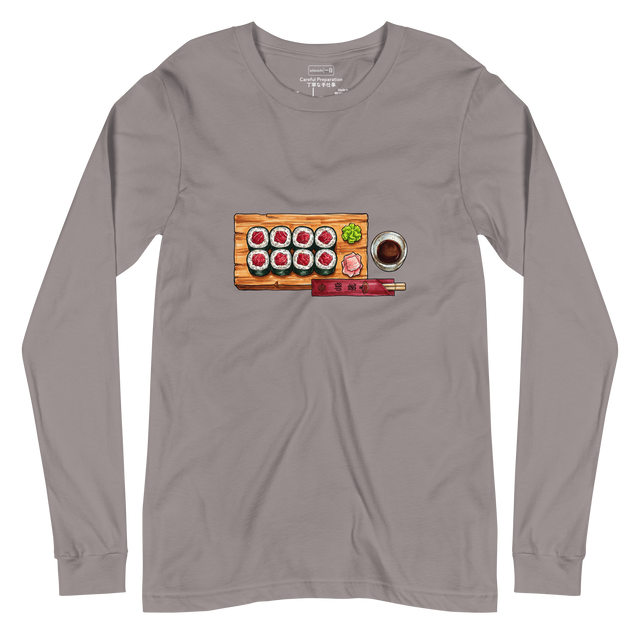 Marker illustration of a tuna roll on a wooden plank with wasabi, a soy dish, and chopsticks on a Long Sleeve T-Shirt.