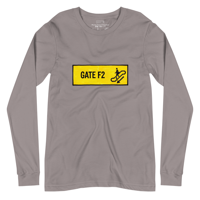Long Sleeve T-Shirt with a yellow marker drawing of a GATE F2 transit sign, a downward directional arrow, and a person on an escalator.