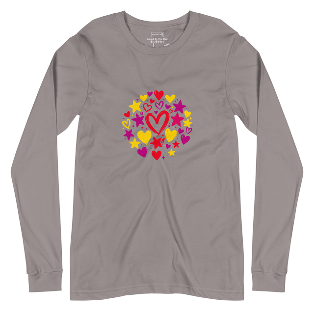 Long Sleeve T-Shirt displaying smooth painted illustrations of vibrant hearts and bright yellow stars.