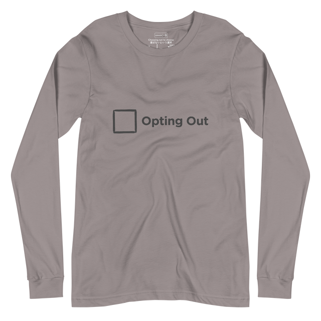 A dark grey brush illustration of a single blank checkbox alongside the phrase Opting Out on a Long Sleeve T-Shirt.