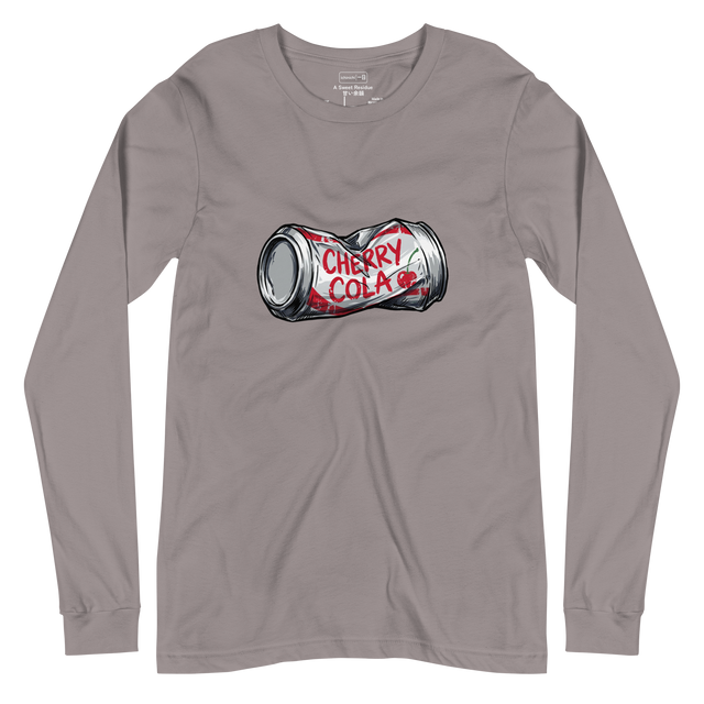 Heavy marker illustration of a crushed silver soda can with red cherry cola lettering on a long sleeve t-shirt.