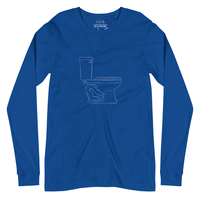 Side profile illustration of a toilet drawn with clean blue brush lines on a minimalist long sleeve t-shirt.