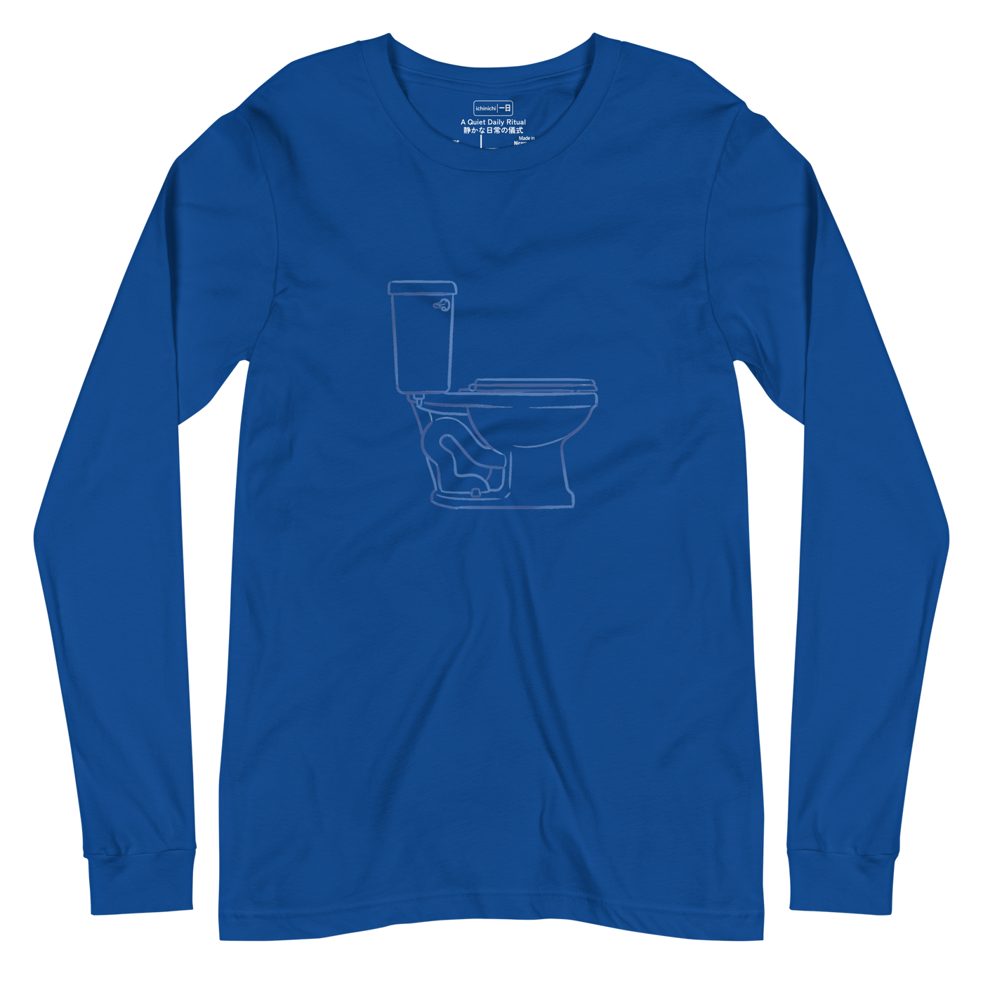 Side profile illustration of a toilet drawn with clean blue brush lines on a minimalist long sleeve t-shirt.