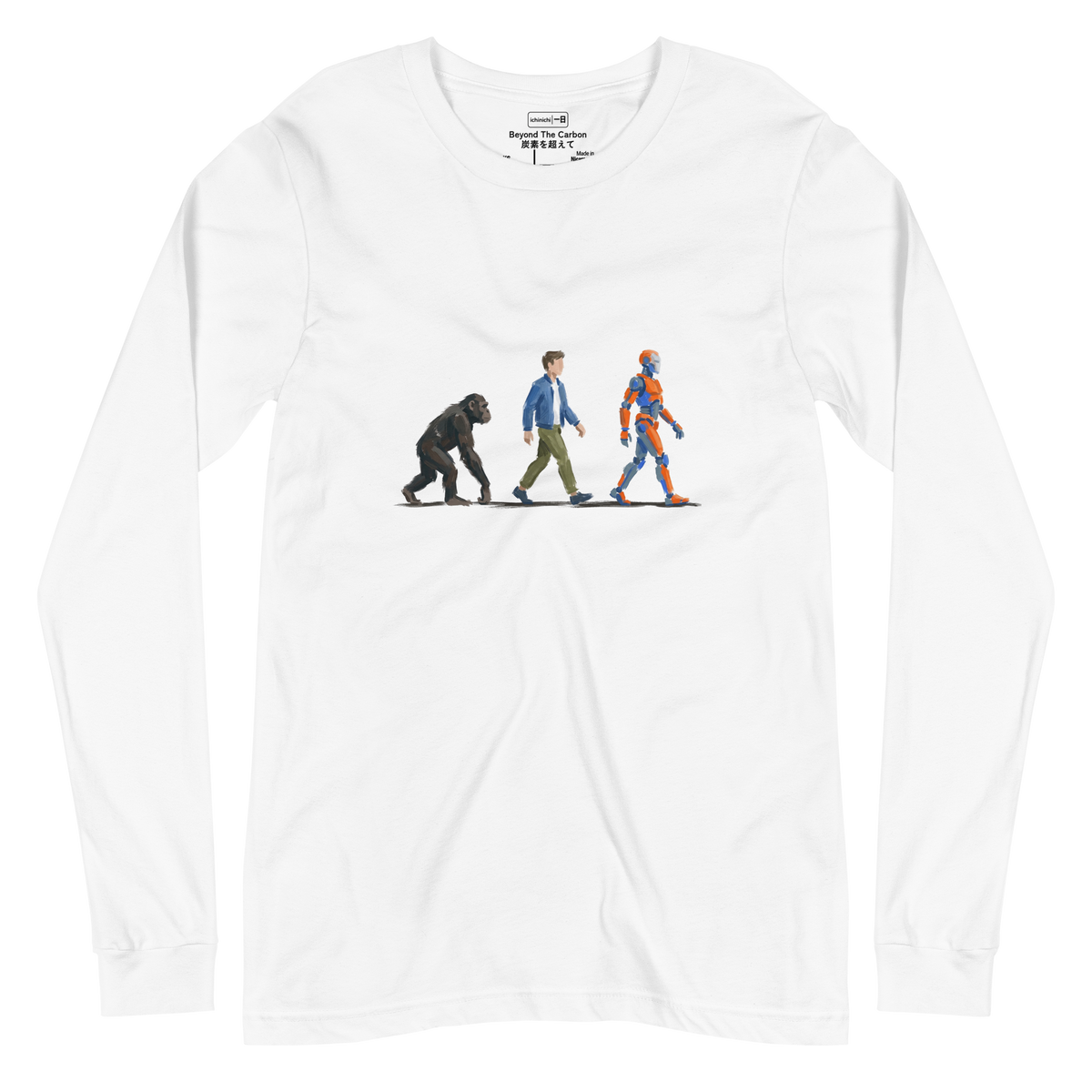 Clean graphic depicting the stages of evolution from ape to android on a Long Sleeve T-Shirt.