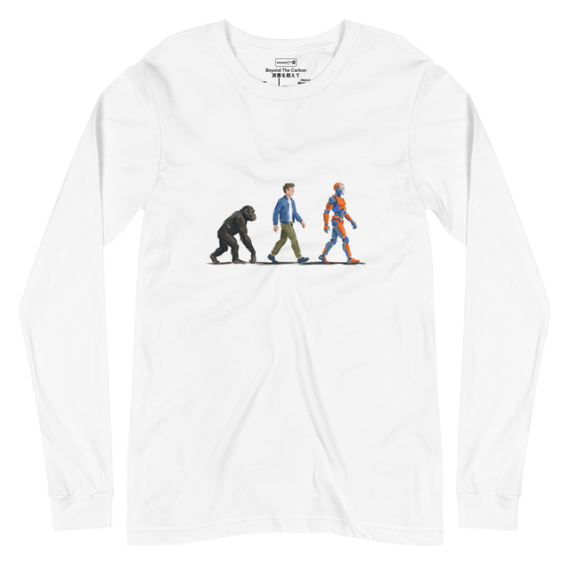 Clean graphic depicting the stages of evolution from ape to android on a Long Sleeve T-Shirt.