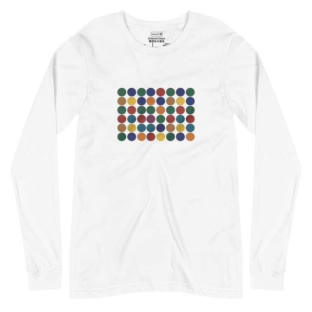 White long-sleeve shirt with colorful dot pattern on a white background