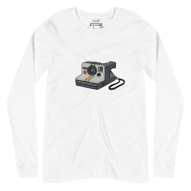 Marker illustration of a 1970s instant camera with a rainbow stripe and flash, centered on a Long Sleeve T-Shirt.