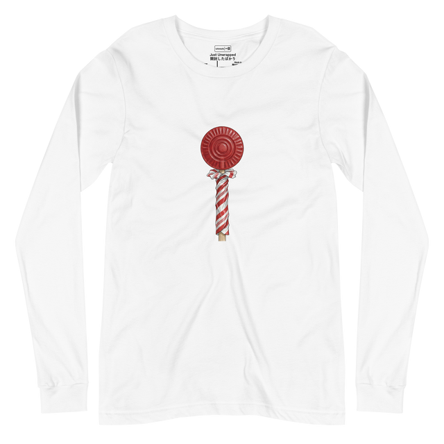 Detailed color pencil drawing of a red lollipop and paper stick on a Long Sleeve T-Shirt.
