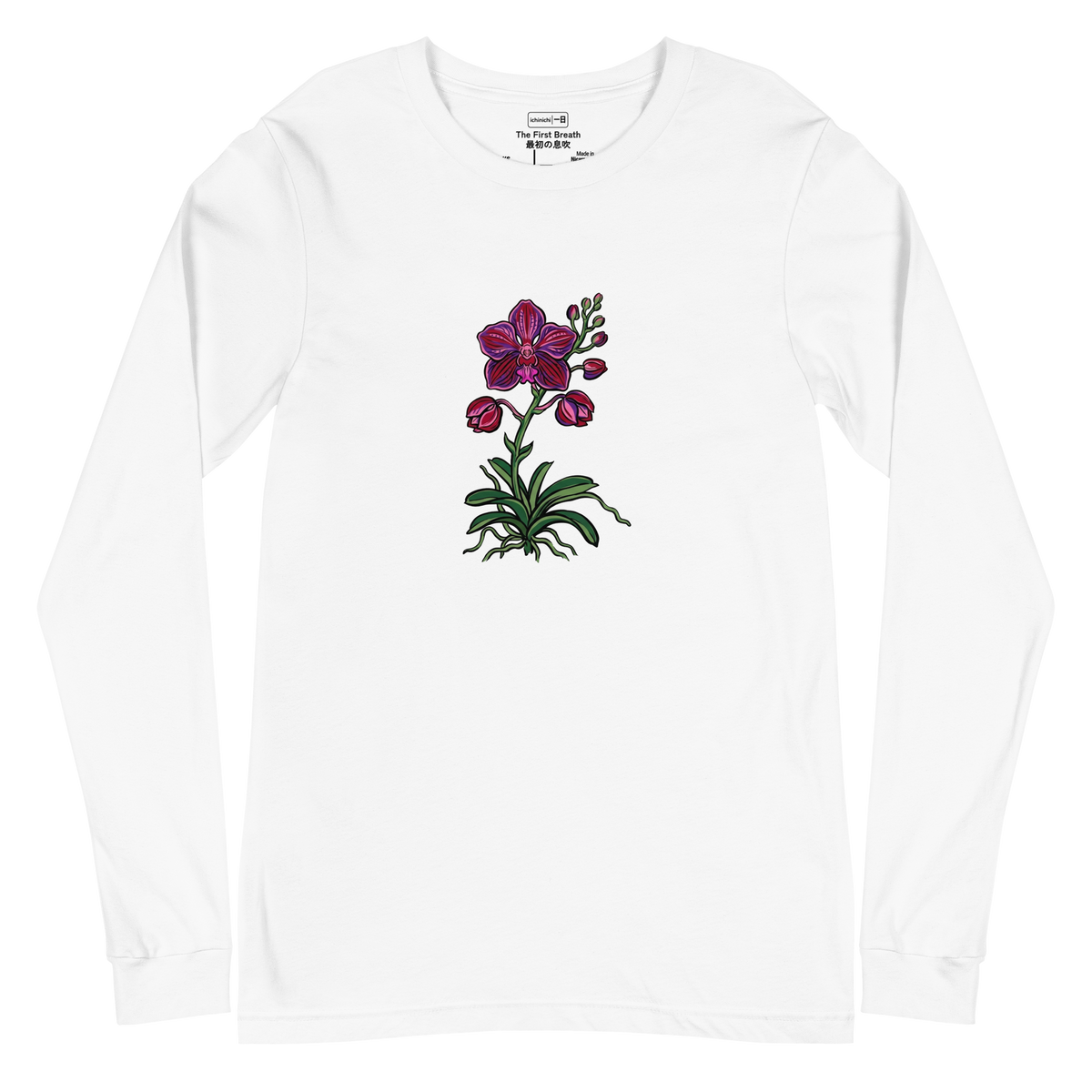 Orchid stalk graphic with evolving buds in purple and pink brush pen style on a Long Sleeve T-Shirt.