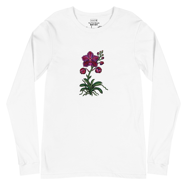 Orchid stalk graphic with evolving buds in purple and pink brush pen style on a Long Sleeve T-Shirt.