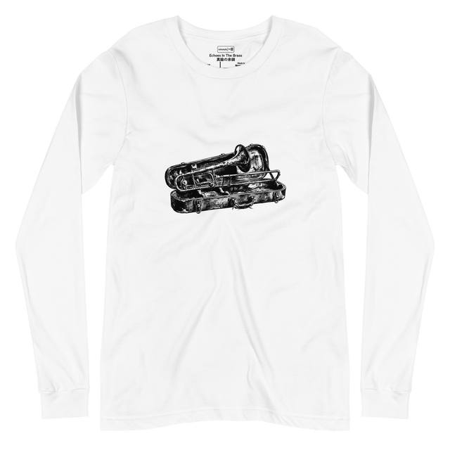 Charcoal sketch of a weathered trombone resting vertically in an open case on a Long Sleeve T-Shirt.