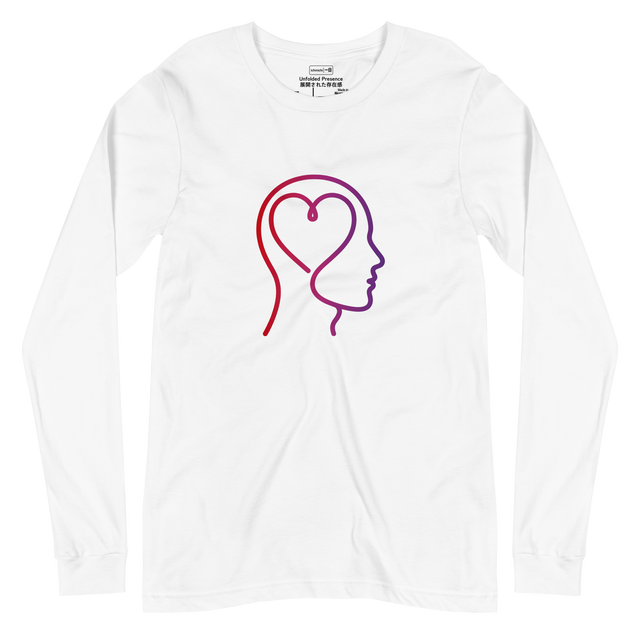 Abstract gradient line art depicting a human profile and heart on a Long Sleeve T-Shirt.