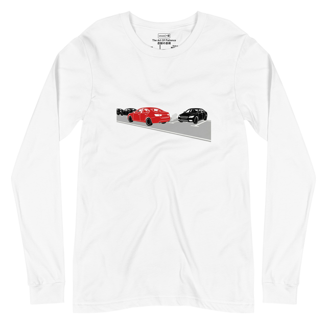 Simple line drawing silhouette of a car waiting for a parking space on a long sleeve t-shirt.