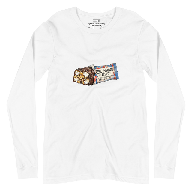 Hand-drawn color pencil illustration of a chocolate peanut marshmallow candy bar on a minimalist Long Sleeve T-Shirt.