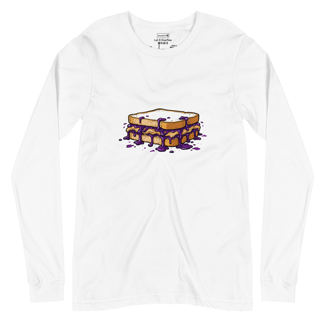 Long Sleeve T-Shirt featuring a full color marker illustration of a peanut butter and jelly sandwich with overflowing grape jelly.
