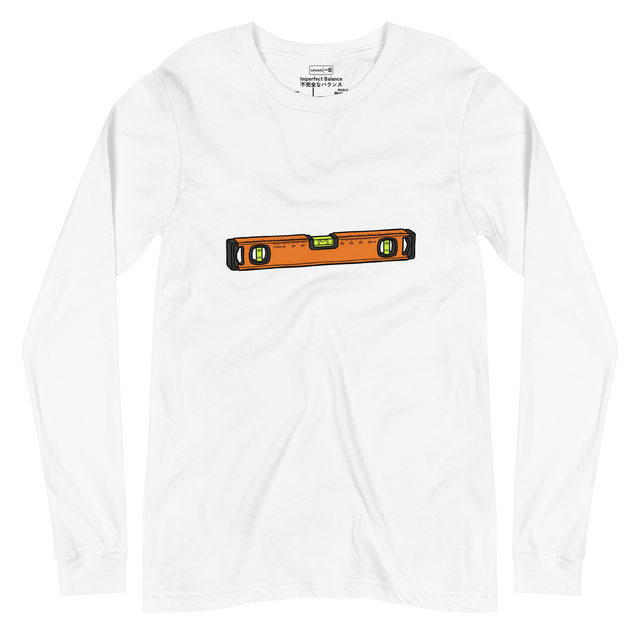 Hand-drawn marker illustration of an orange and black contractor's level with slightly off-center bubbles on a Long Sleeve T-Shirt.