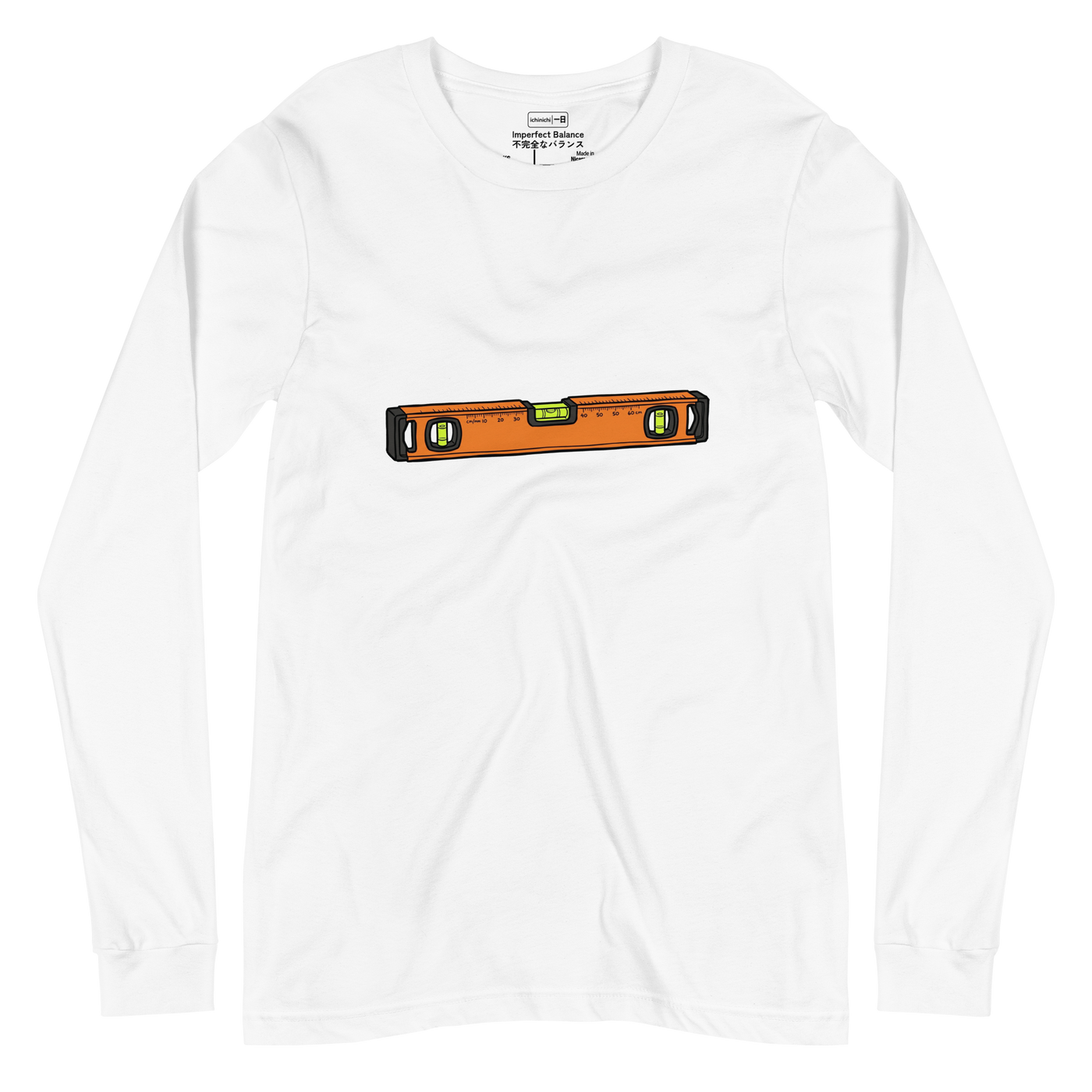 Hand-drawn marker illustration of an orange and black contractor's level with slightly off-center bubbles on a Long Sleeve T-Shirt.