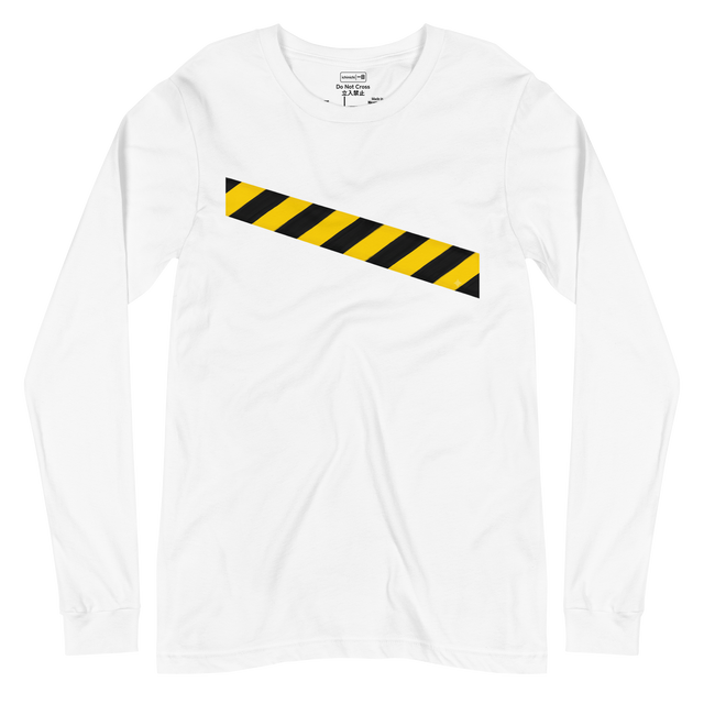 Long Sleeve T-Shirt featuring painted yellow and black diagonal caution tape stripes.