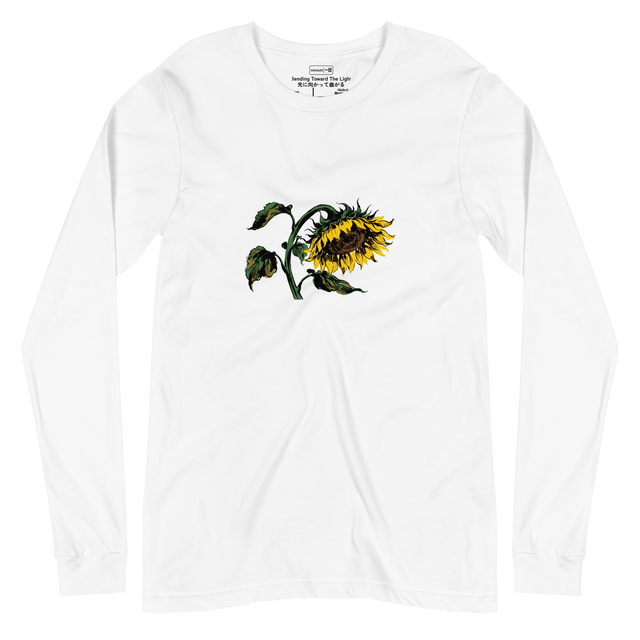 A clean digital mock-up of a Long Sleeve T-Shirt featuring a full color ink wash illustration of a single drooping sunflower on the front.