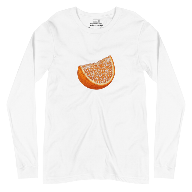 A minimalist long sleeve t-shirt featuring a cross hatch colored pencil illustration of a vibrant sugared orange slice.