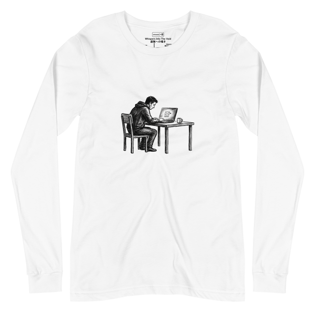Rough charcoal sketch of a solitary figure waiting at a glowing screen on a minimalist Long Sleeve T-Shirt.