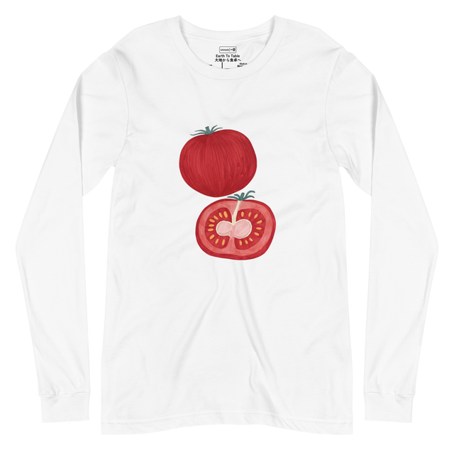 Descriptive graphic of a whole and sliced tomato in colored marker on a minimalist Long Sleeve T-Shirt.