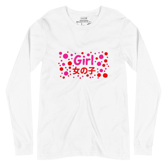 Long Sleeve T-Shirt featuring stacked English and Japanese text surrounded by bright pink and red polka dots.