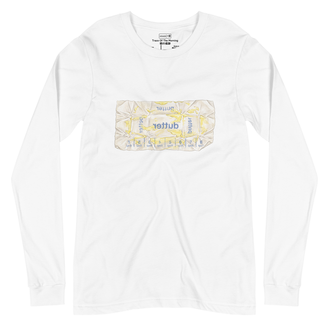 Long Sleeve T-Shirt showing a colored pencil drawing of a translucent, flattened butter wrapper with faded blue lettering and yellow smears.