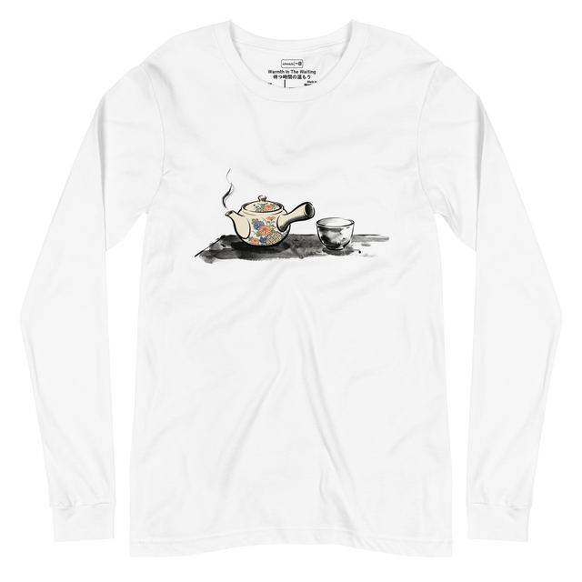 Long Sleeve T-Shirt showing a traditional cream kyusu with colorful floral details and a single empty cup drawn in a fluid ink wash style.