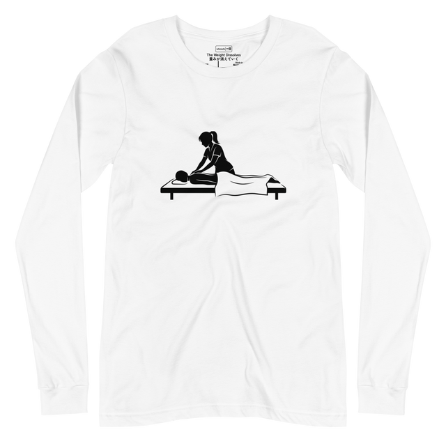 Long Sleeve T-Shirt showing a minimalist black silhouette of a masseuse with a ponytail giving a Swedish massage using clean brush lines.