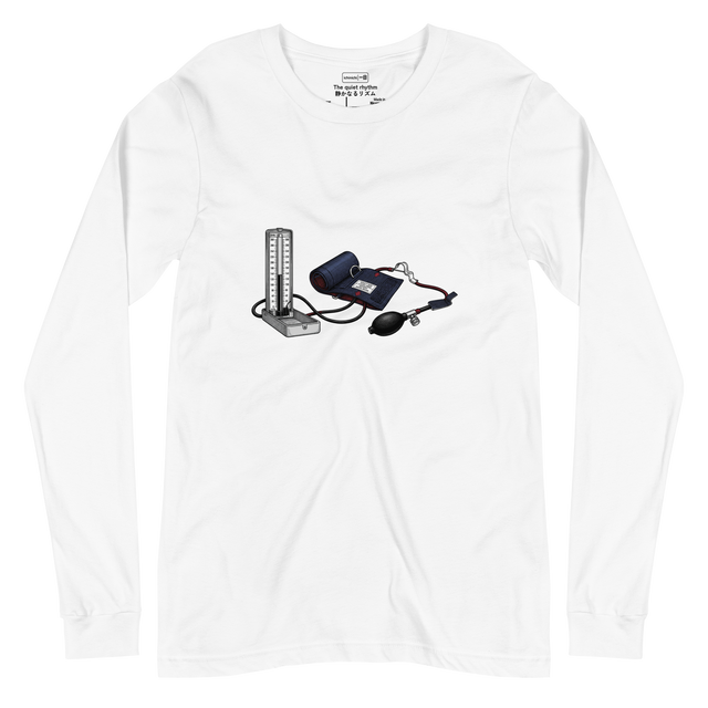Long Sleeve T-Shirt showing a detailed cross-hatch ink illustration of a vintage medical sphygmomanometer with red and silver accents.