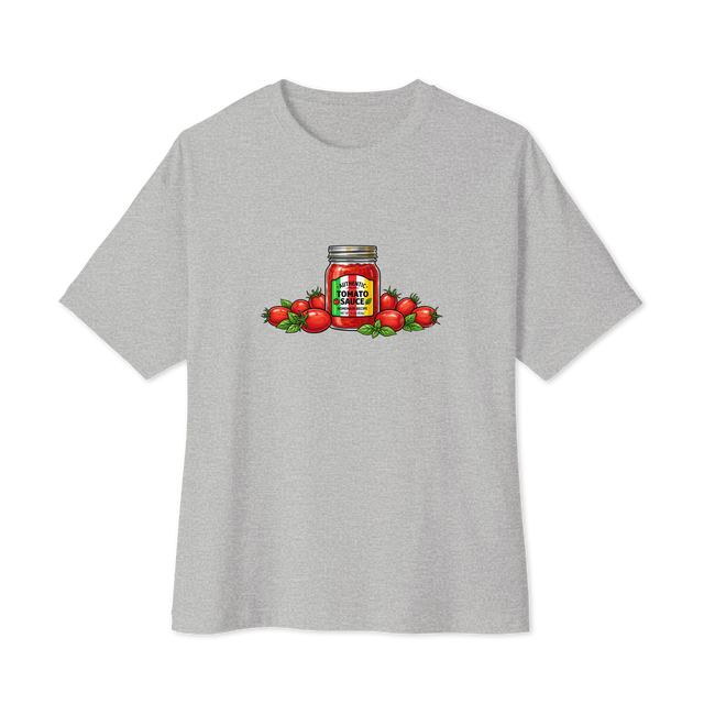 Bold marker illustration of a glass tomato sauce jar with colorful stripes and Roma tomatoes on an Oversized T-Shirt.
