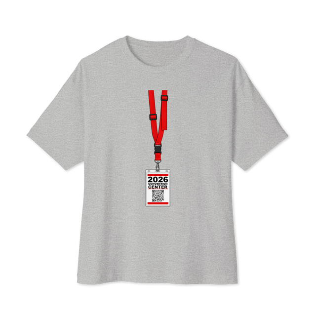 Marker illustration of a full red lanyard and convention badge printed on an Oversized T-Shirt.