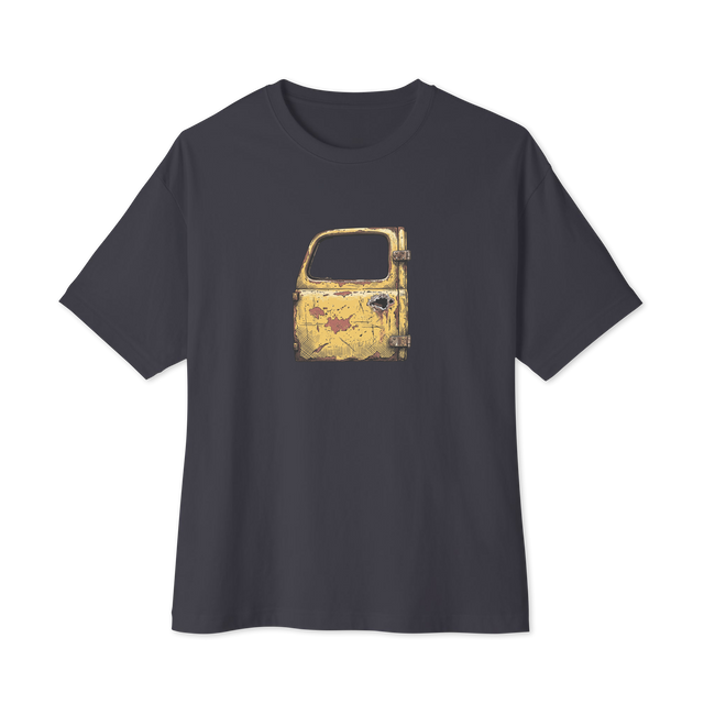 Cross-hatch ink drawing of an aged 1940s yellow truck door with rust and red primer on an oversized t-shirt.