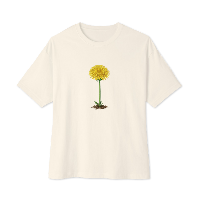 Full-color stippled illustration of a blooming dandelion with its stem anchored in dirt on an Oversized T-Shirt.