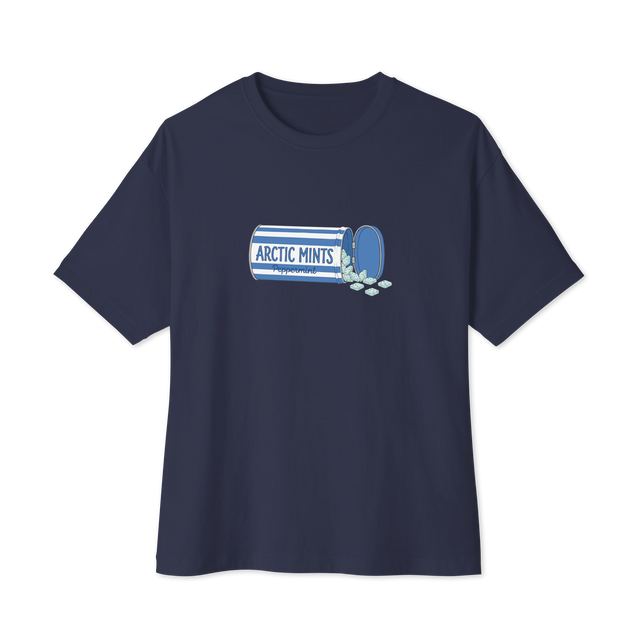 Colored pencil drawing of an open silver and blue striped tin with spilled white mints. Oversized T-Shirt.