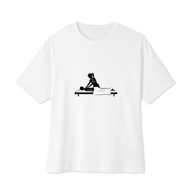 Oversized T-Shirt showing a minimalist black silhouette of a masseuse with a ponytail giving a Swedish massage using clean, flowing brush lines.