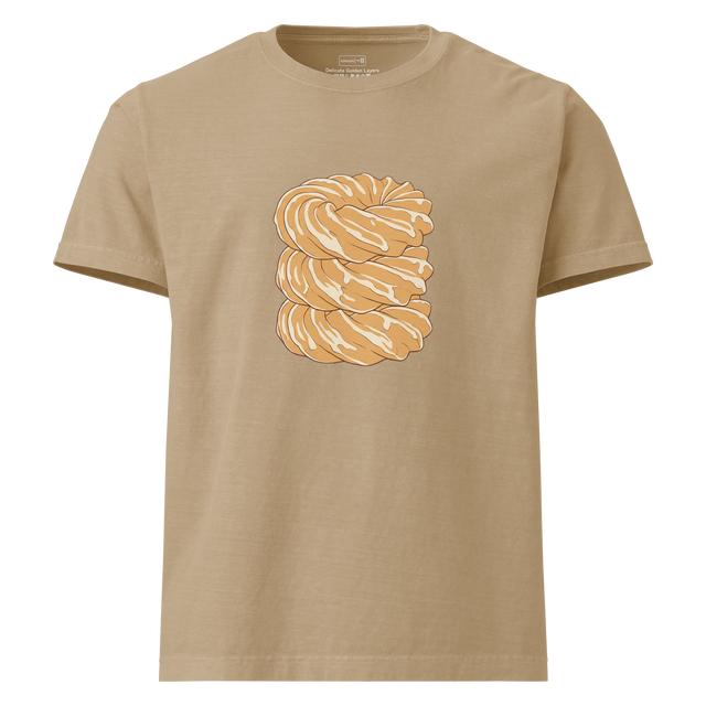 Hand-drawn illustration of three stacked French crullers on an Oversize T-Shirt
