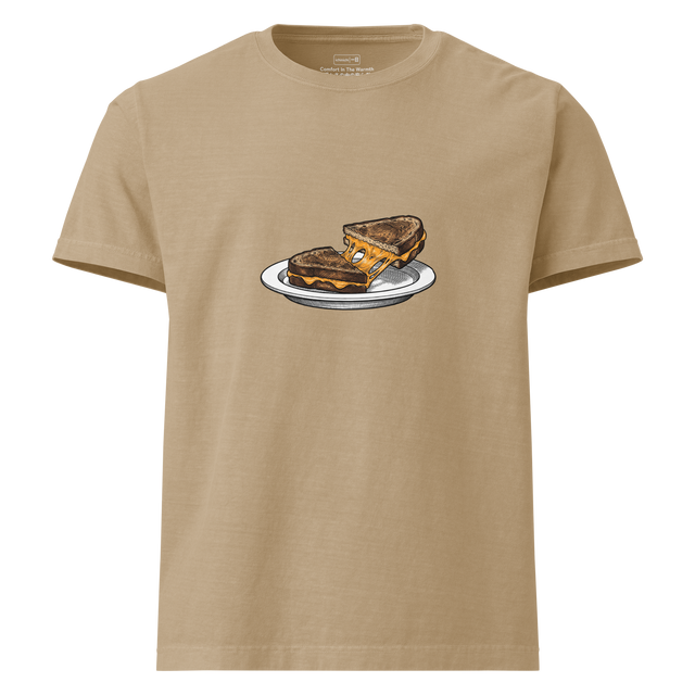Oversize T-Shirt featuring a cross-hatch ink illustration of a diagonally cut grilled cheese sandwich with stretching cheddar.