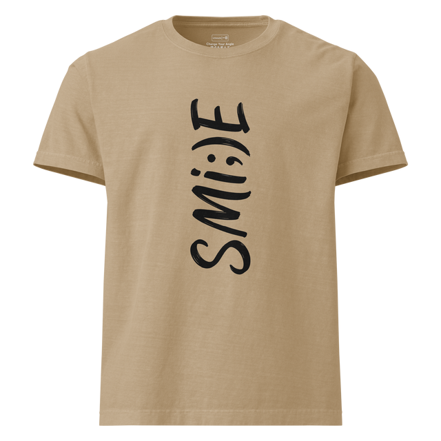 Black ink vertical typographic smile design on oversize t-shirt.