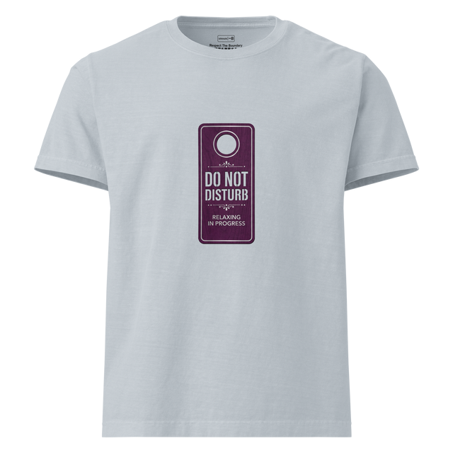 Oversize T-Shirt featuring a deep purple minimalist hotel door hanger with silver stark typography and a clean die-cut hole.